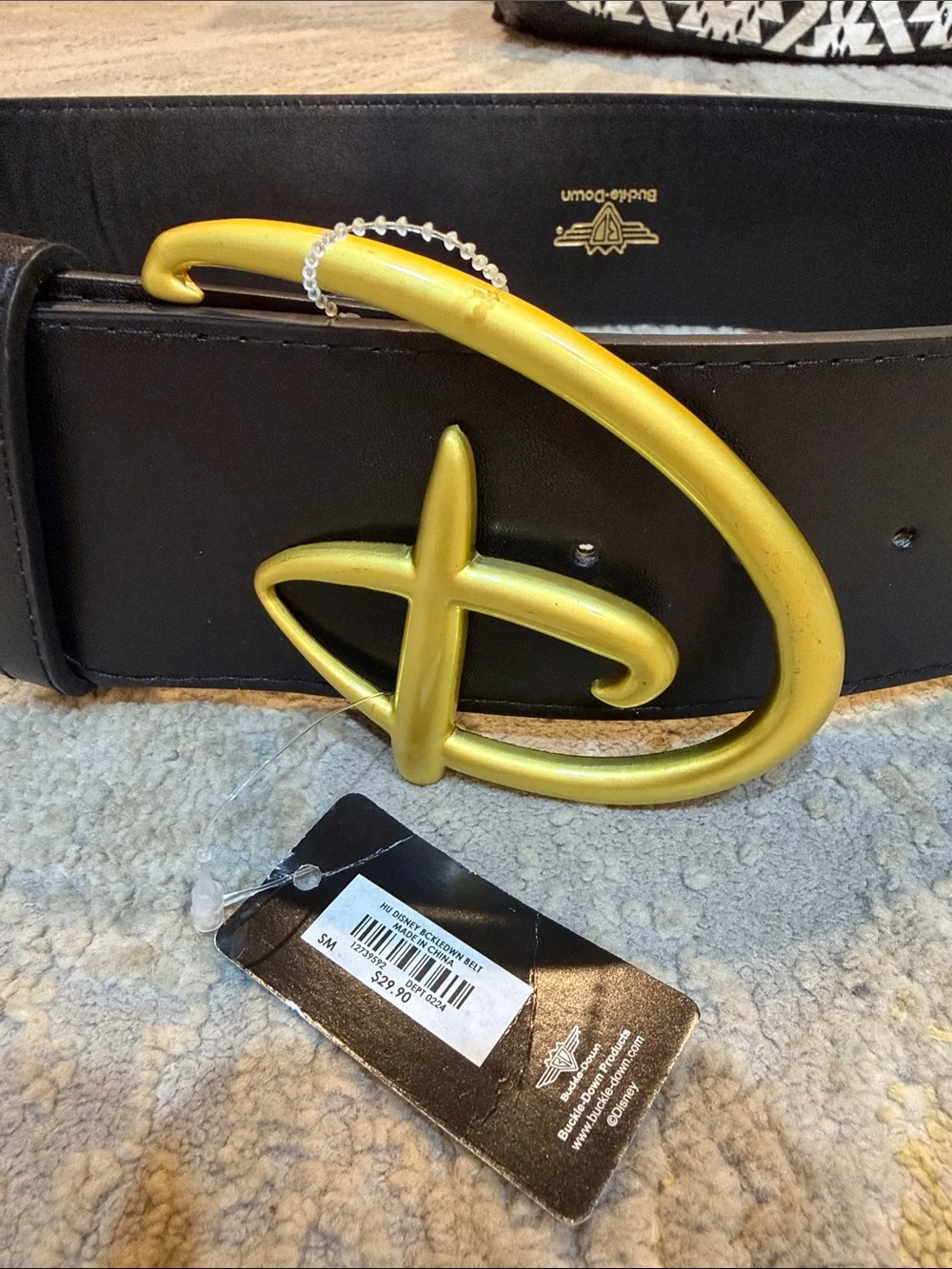 Womens Disney Belt, Signature D Logo Gold Cast Buckle Black, Vegan